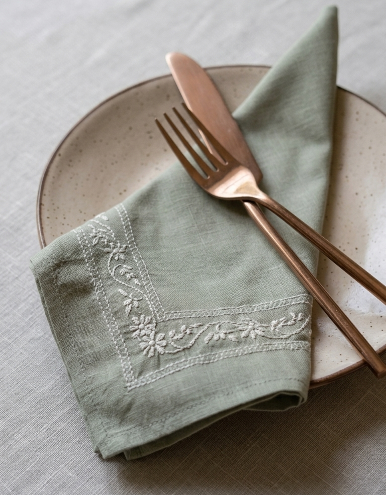 Chikankari sage green linen napkin with white floral hand embroidery, styled on a speckled beige ceramic plate with rose gold-toned flatware.