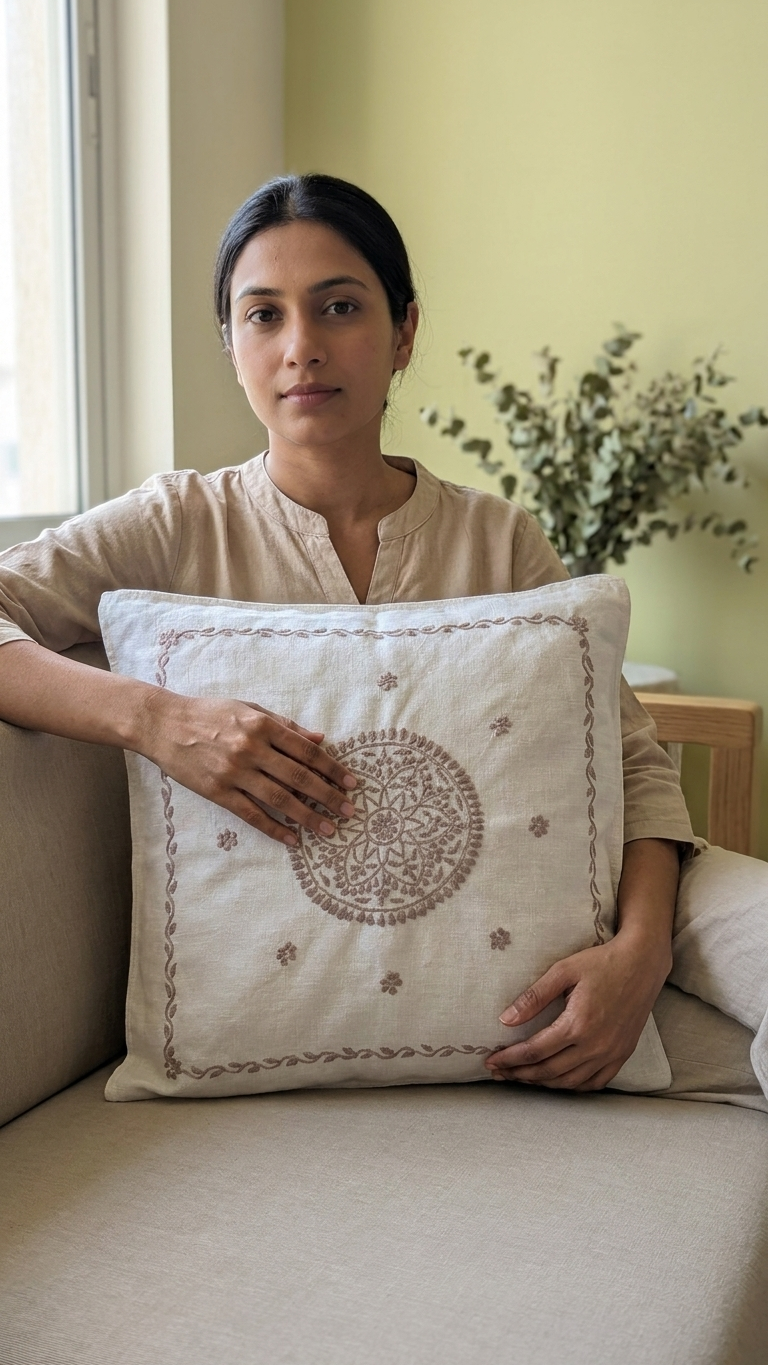 White Cotton Linen Chikankari Cushion Cover- 20x20 inches