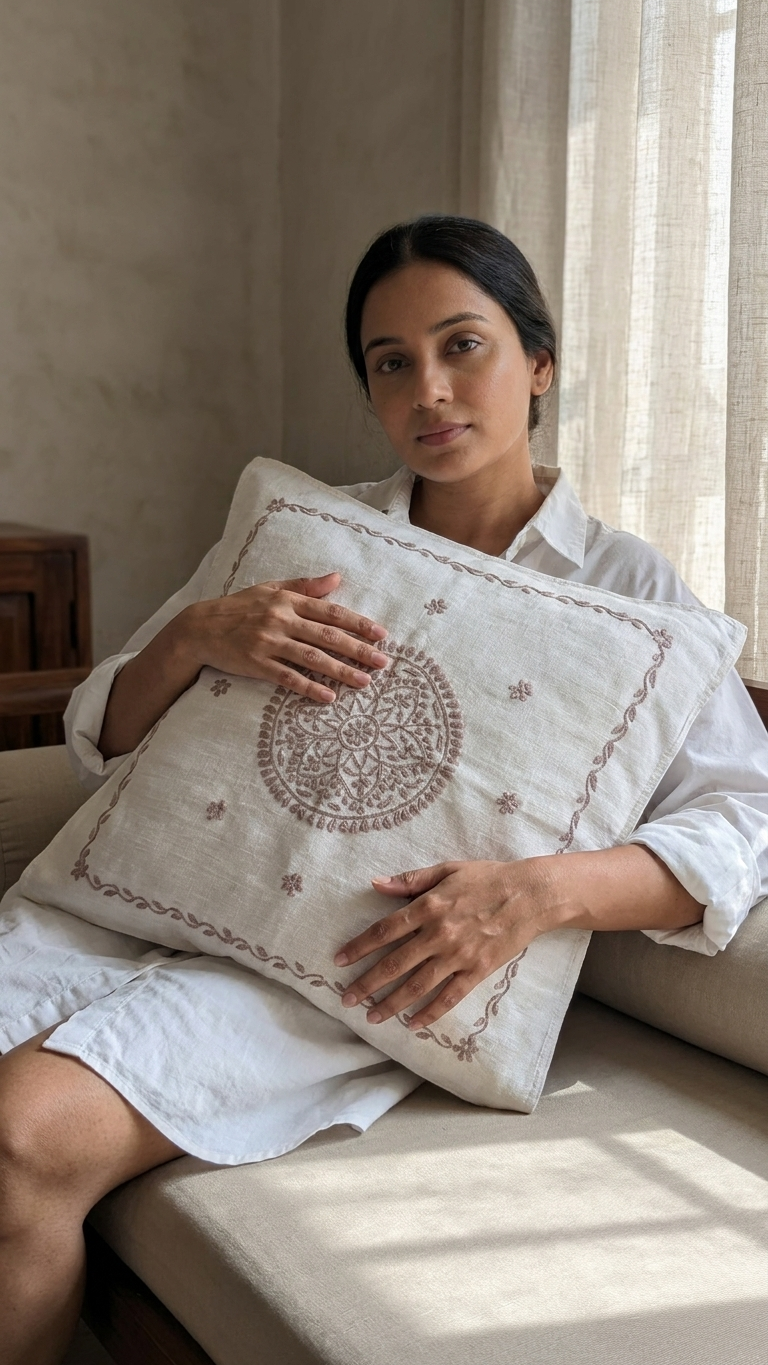 White Cotton Linen Chikankari Cushion Cover- 20x20 inches